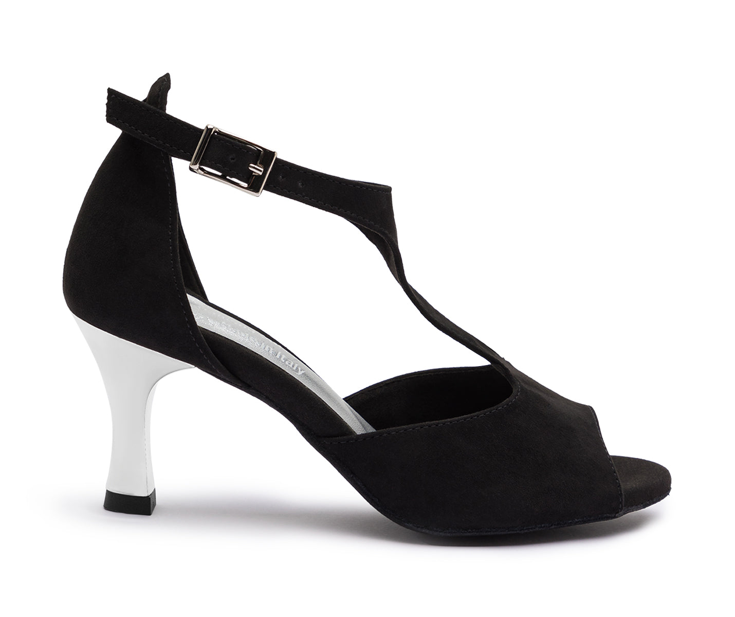 Schwarze DQ1001 Tanzschuhe von Dancing Queens, mit silberner Schnalle und bequemem weißen Absatz.